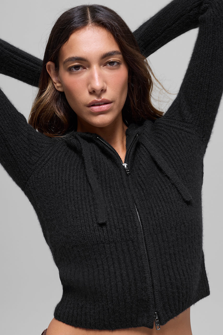 Wool Cashmere Ribbed Noble Full Zip Hoodie - Black